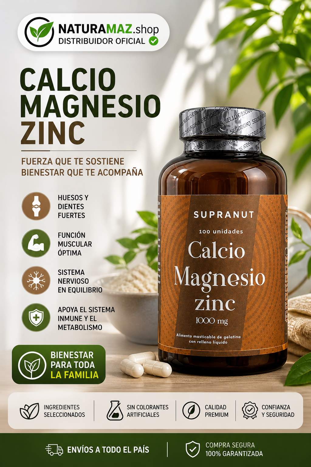 Suplemento de Calcio Magnesio y Zinc en cápsulas