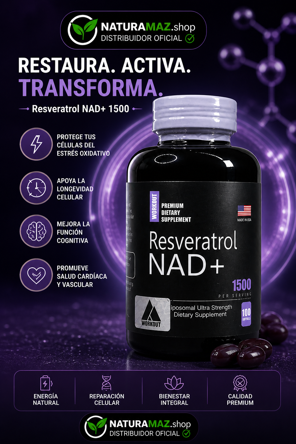 Resveratrol NAD+ 1500mg antioxidante y antienvejecimiento