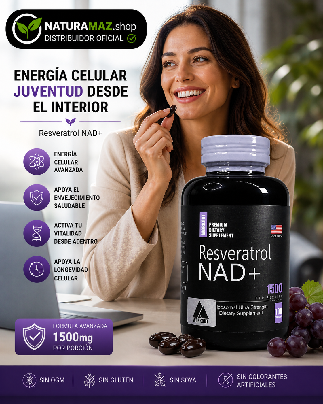 Resveratrol NAD+ 1500mg antioxidante y antienvejecimiento